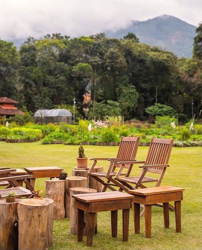 Gramado do Trilhas do Araçari com cadeiras de madeira, horta ao fundo e a serra coberta de nuvens